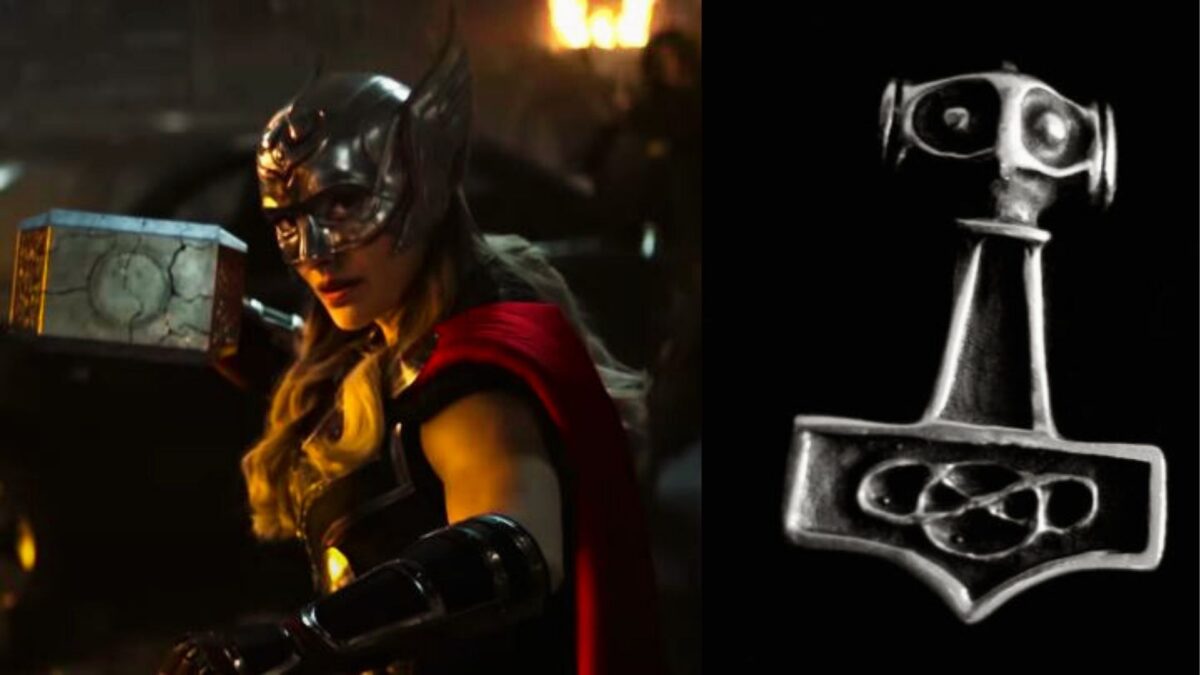 Billede, der viser Jane Foster med Mjöllnir og Thors hammervedhæng.