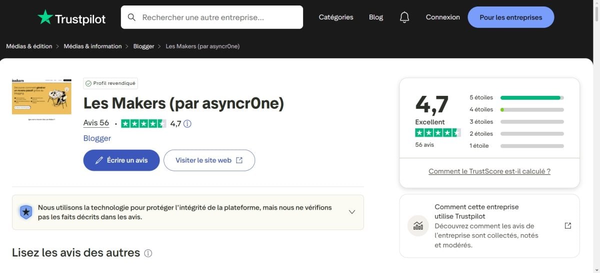 Sur Trustpilot, Les Makers par asyncr0ne ont un score de 4,7/5 sur 56 avis.
