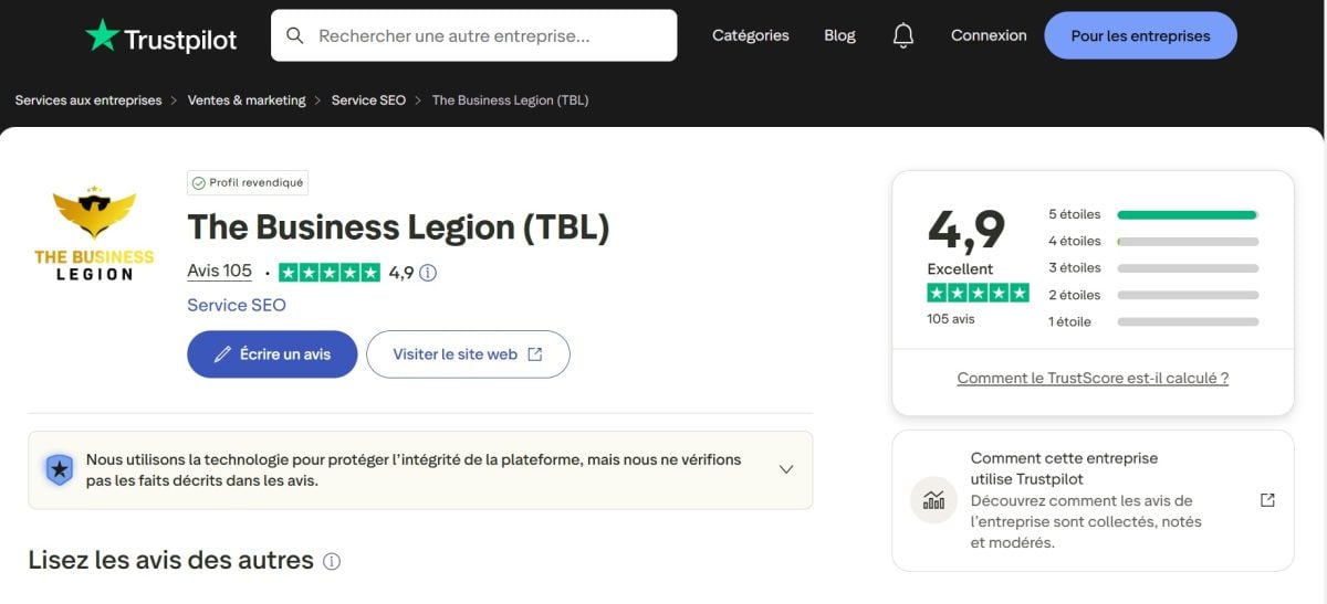 Sur Trustpilot, The Business Legion (TBL) a un score de 4,9/5 sur 105 avis.