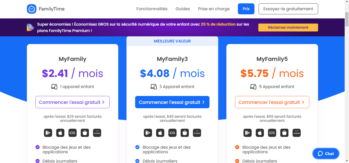 Screenshot showing the different subscription plans for FamilyTime