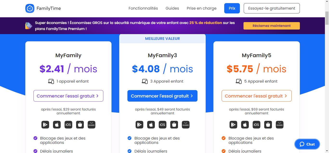 Capture d'écran montrant les différents plans d'abonnement pour FamilyTime