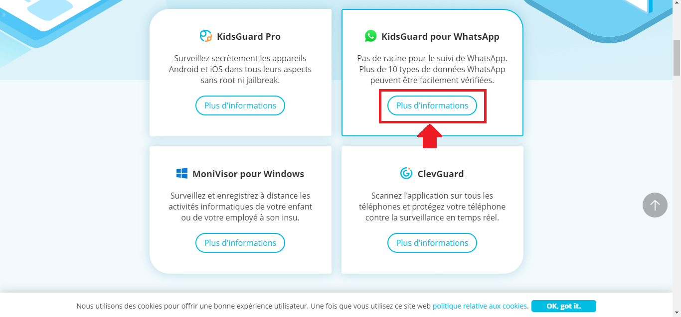 截图显示如何了解有关 KidsGuard WhatsApp 的更多信息