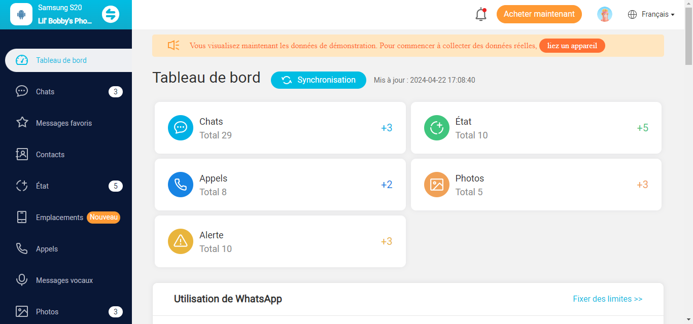 Tangkapan layar yang menunjukkan demo dasbor WhatsApp KidsGuard