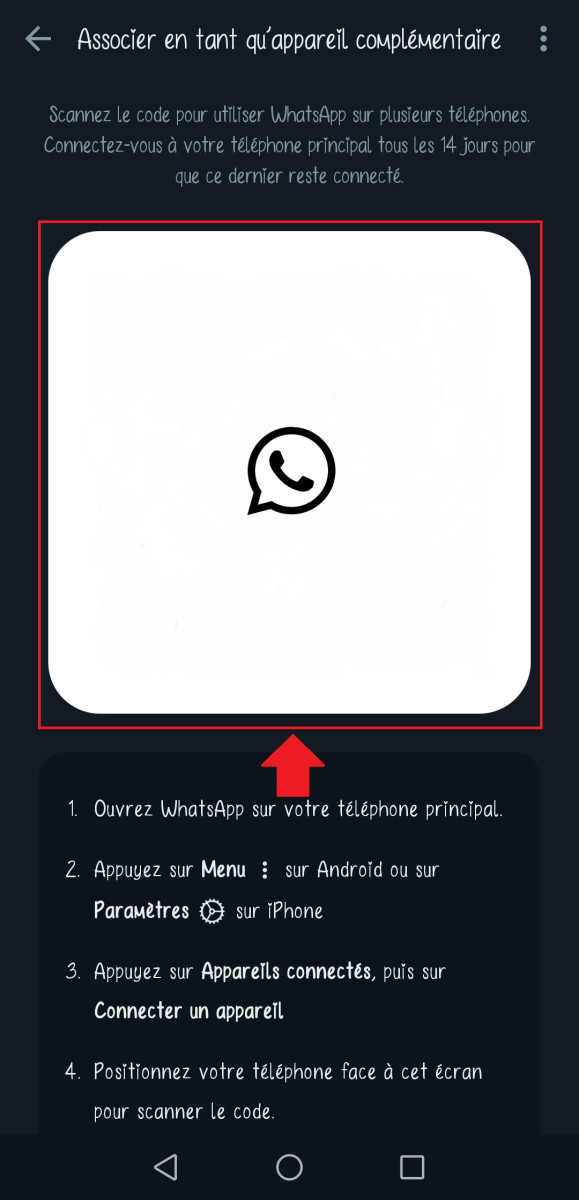 Skærmbillede, der viser, hvor man scanner WhatsApp QR-koden