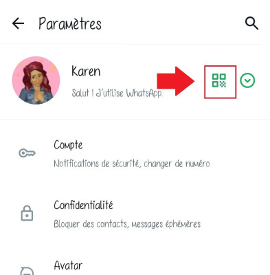 Capture d'écran montrant l'emplacement du QR Code sur WhatsApp