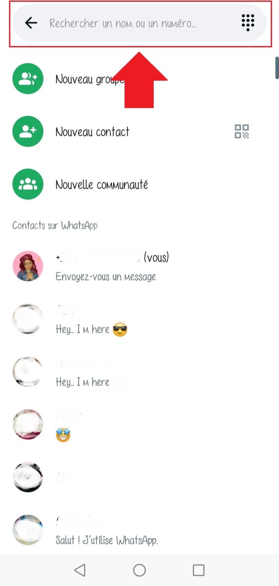 Captura de ecrã que mostra a Pesquisa de contactos no WhatsApp