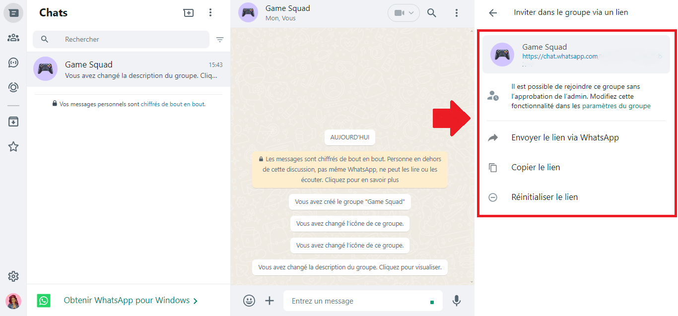 Screenshot, der die verschiedenen Auswahlmöglichkeiten für Gruppeneinladungen per Link in WhatsApp zeigt.