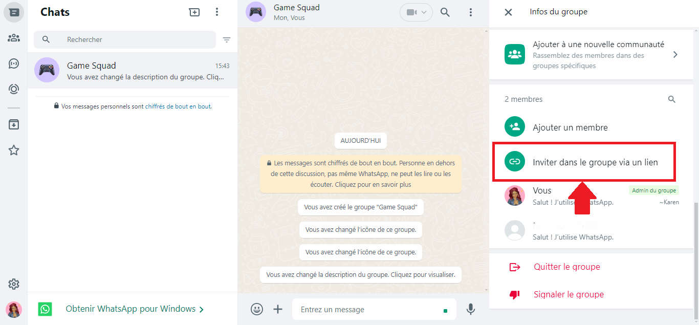 Illustration, der viser, hvordan man "Inviterer til gruppe via link" på WhatsApp