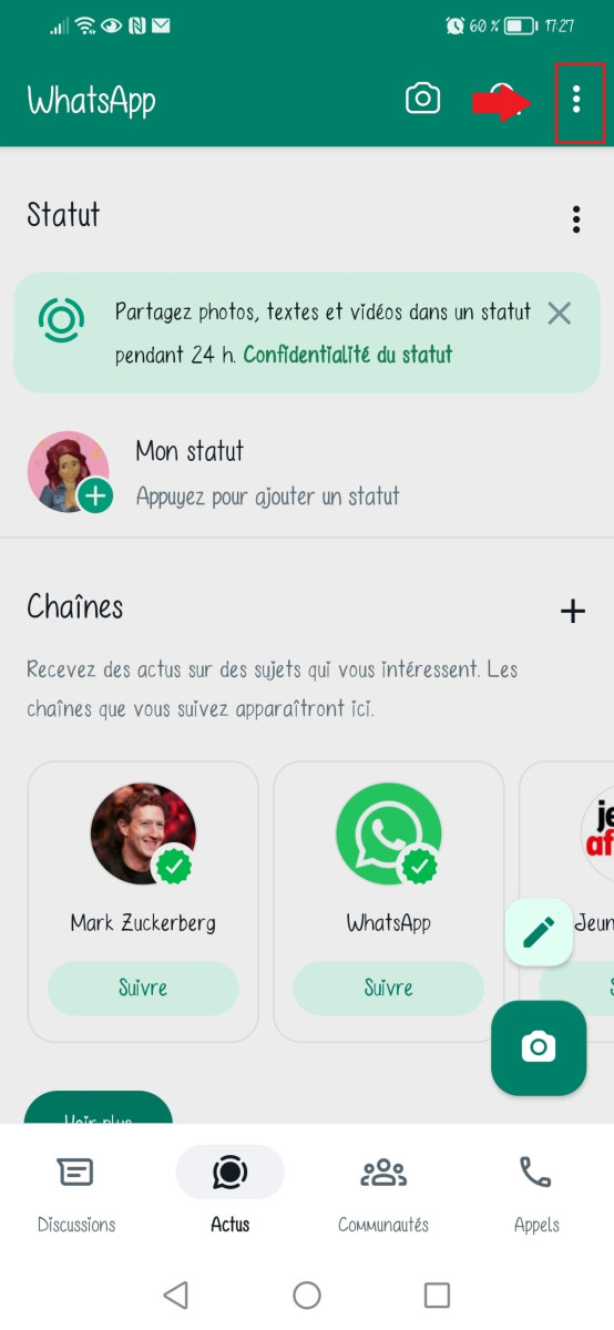 Schermata del passo 1 che spiega come scoprire se qualcuno sta guardando il vostro stato di WhatsApp, dove dovete cliccare su "Opzioni".