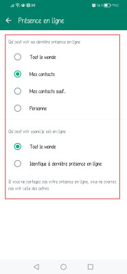 Screenshot de l’étape numéro 4 pour expliquer comment savoir si quelqu'un regarde son statut WhatsApp, où il faut gérer la visibilité de votre statut