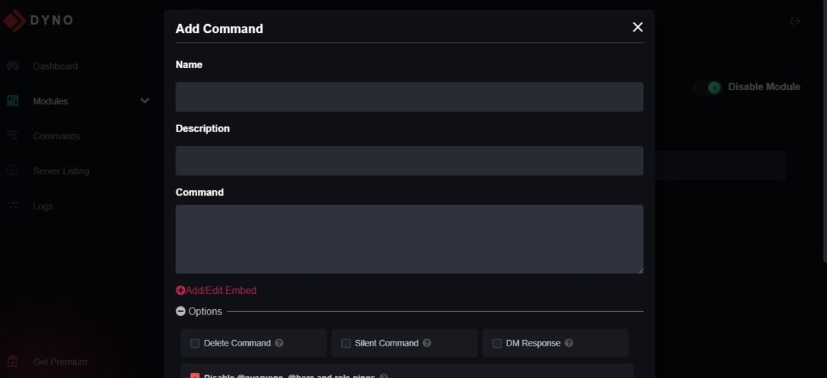 Configuration de la nouvelle commande sur le tableau de bord de Dyno bot