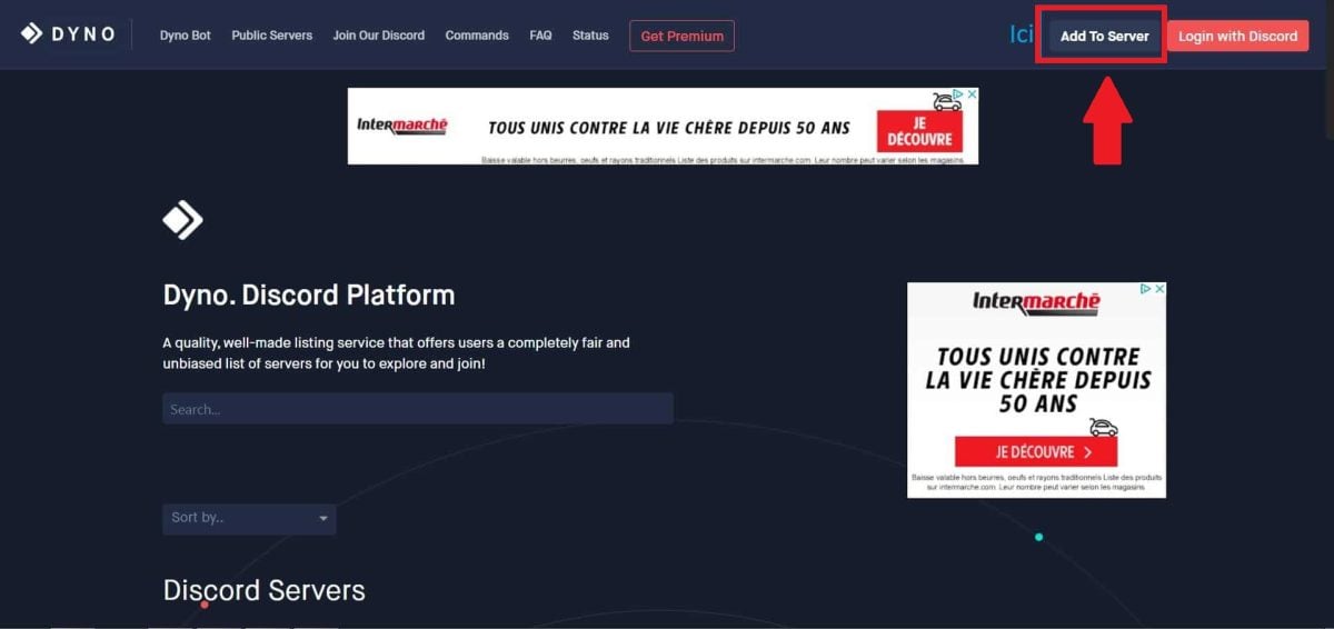 Option pour ajouter Dyno bot à un serveur