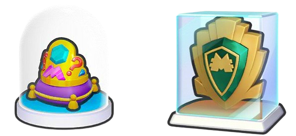 Пешка и щит, которые можно выиграть за иллюстрацию к событию "Юбилейные сокровища" в Monopoly GO