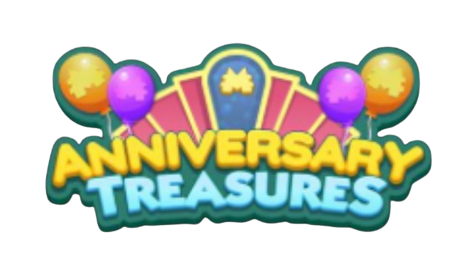 Illustration für das Ereignis "Anniversary Treasures" (Geburtstagsschätze) bei Monopoly GO am 16. April 2024