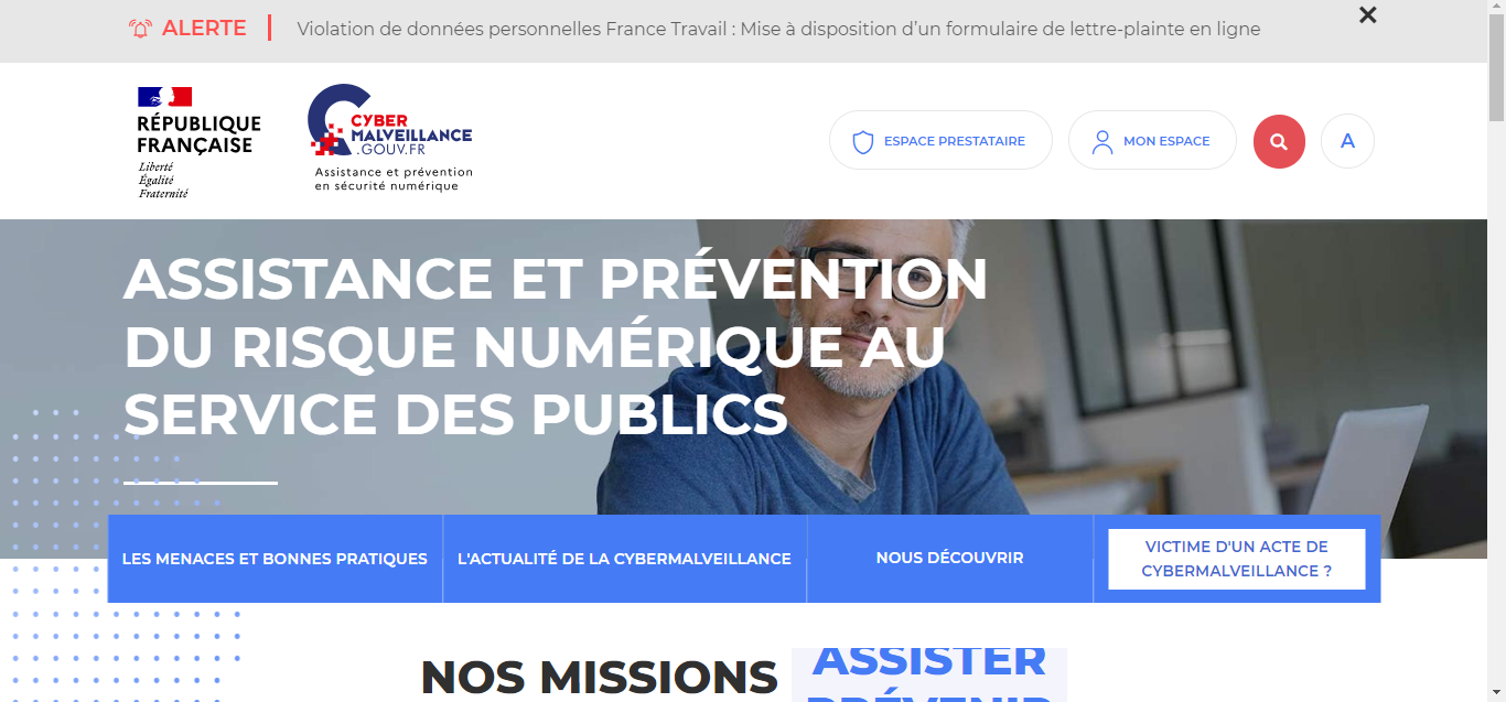 Capture d'écran montrant le site web de Cybermalveillance.gouv.fr