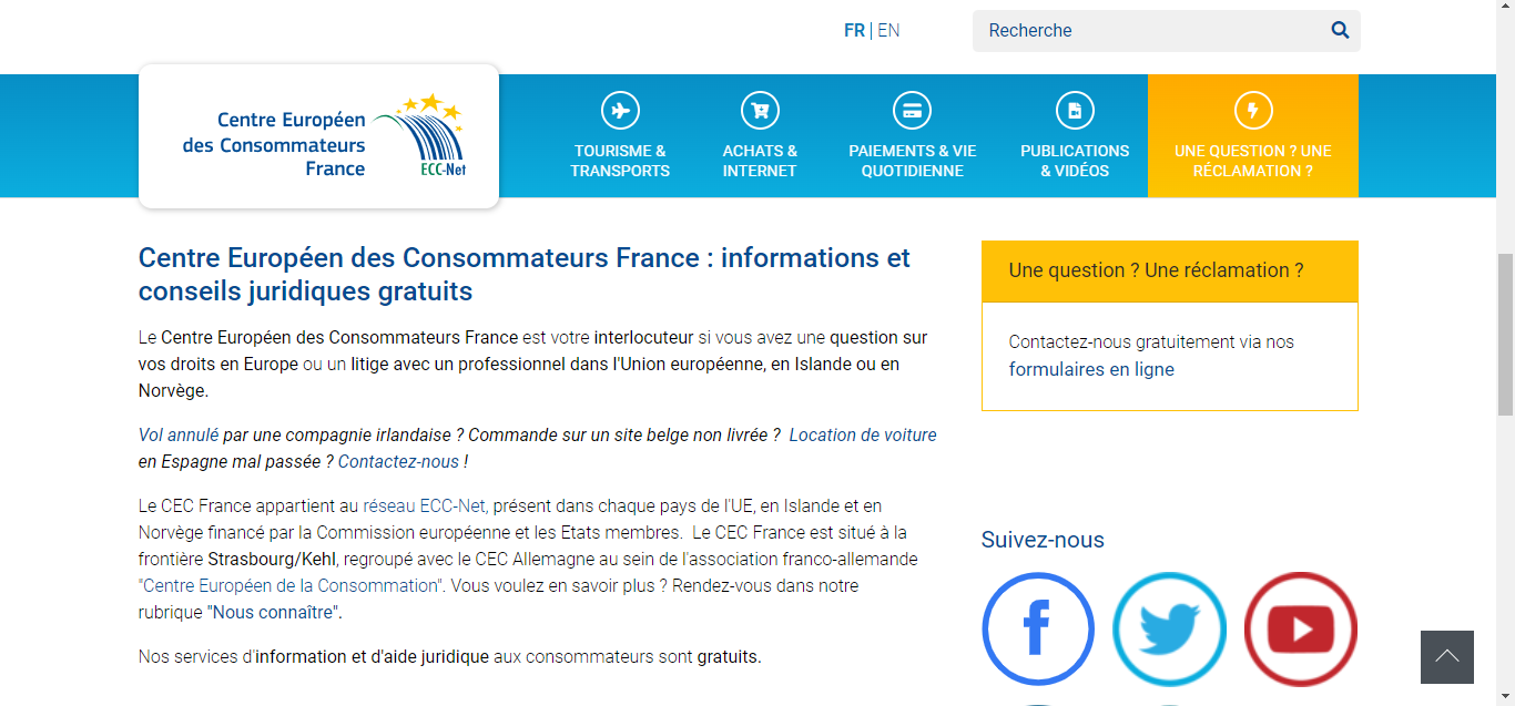 Capture d'écran montrant le site web du Centre Européen des Consommateurs (CEC)