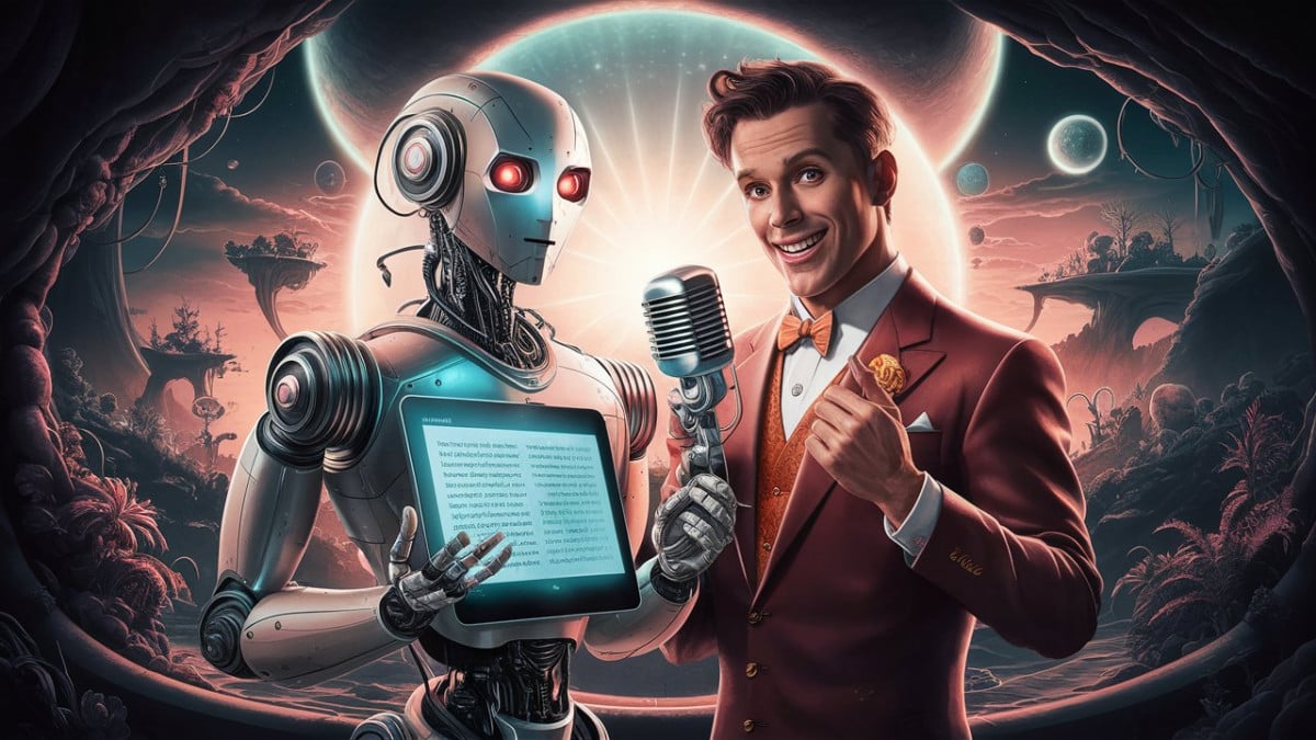 Illustration mettant en scène un narrateur humain et un robot sophistiqué, tous deux debout devant une scène tirée d'un autre monde