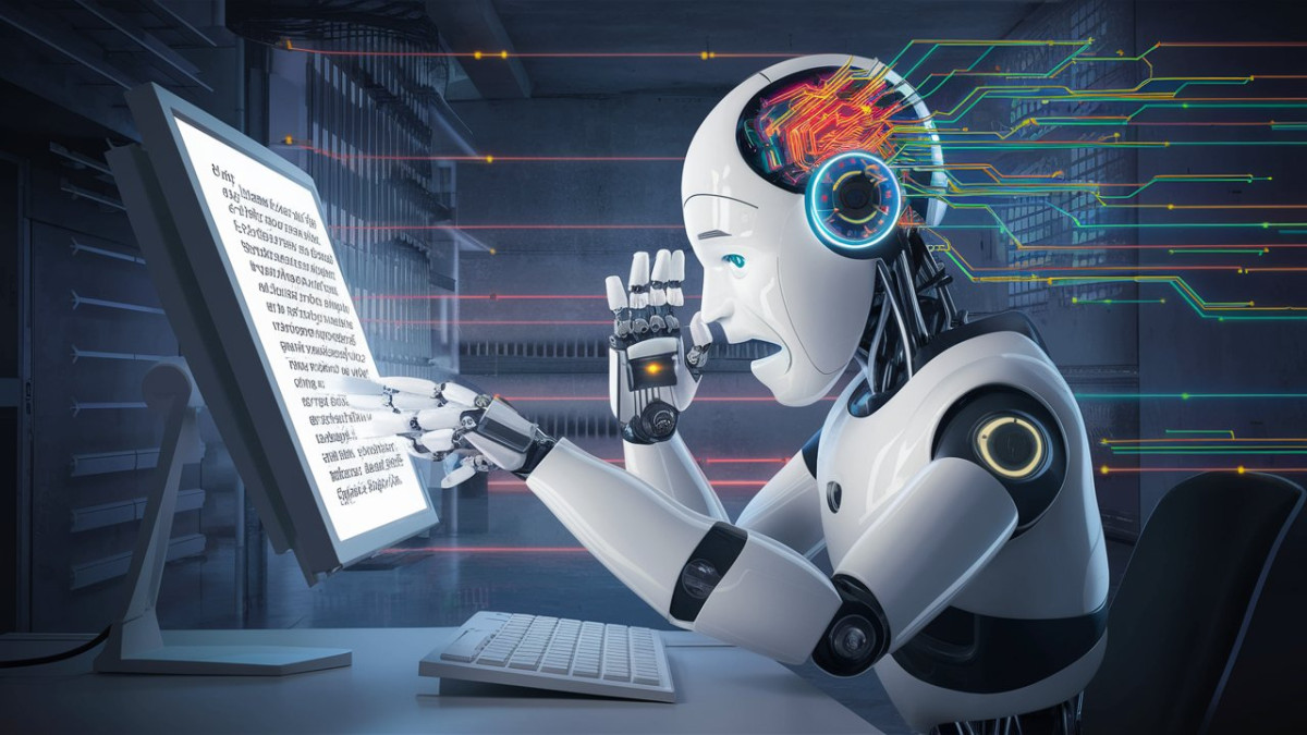 Illustration montrant un robot frustré à l'idée de ne pas savoir rédiger un texte humain