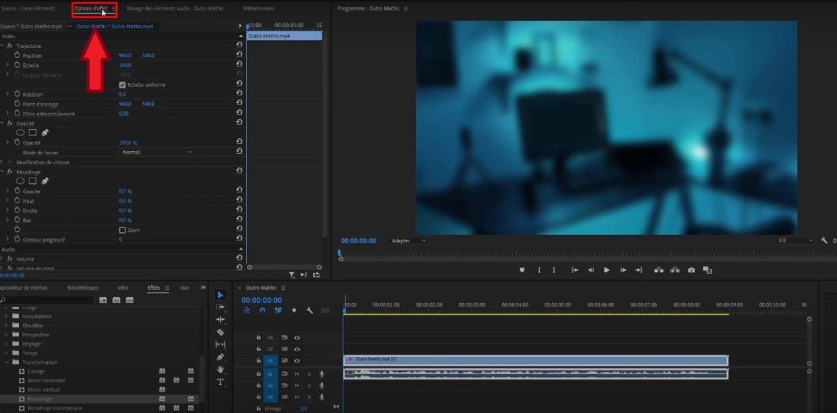 Secção "Opções de efeito" no Premiere Pro