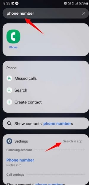 Indstillingsmenuen på en Android-smartphone, hvor man kan finde sit telefonnummer