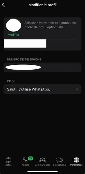 Telefonnummeret, der vises under navnet i WhatsApp-profilen