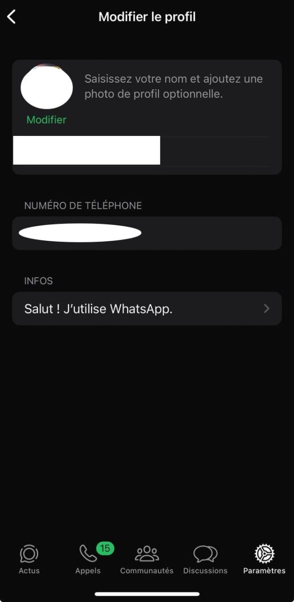 Экран в WhatsApp, где нужно нажать на картинку профиля, чтобы увидеть свой номер 