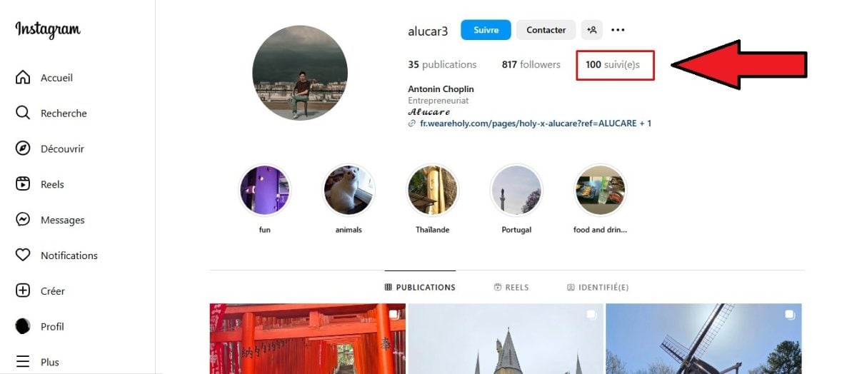 Onglet suivis sur Instagram