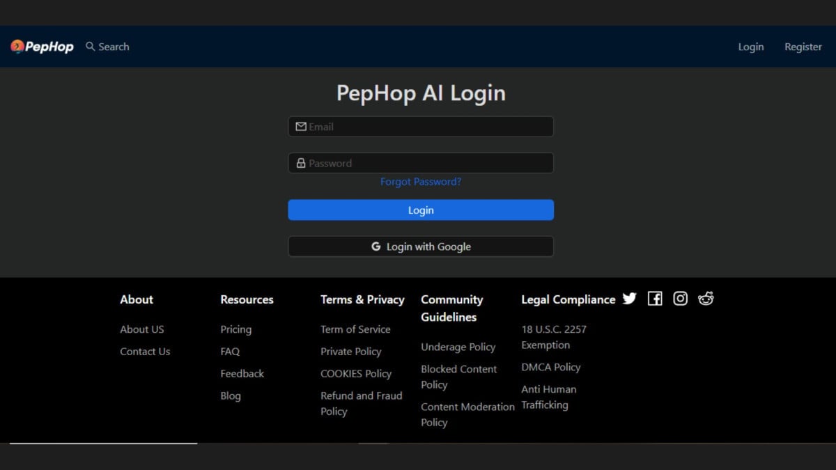 The Pephop registration page.
