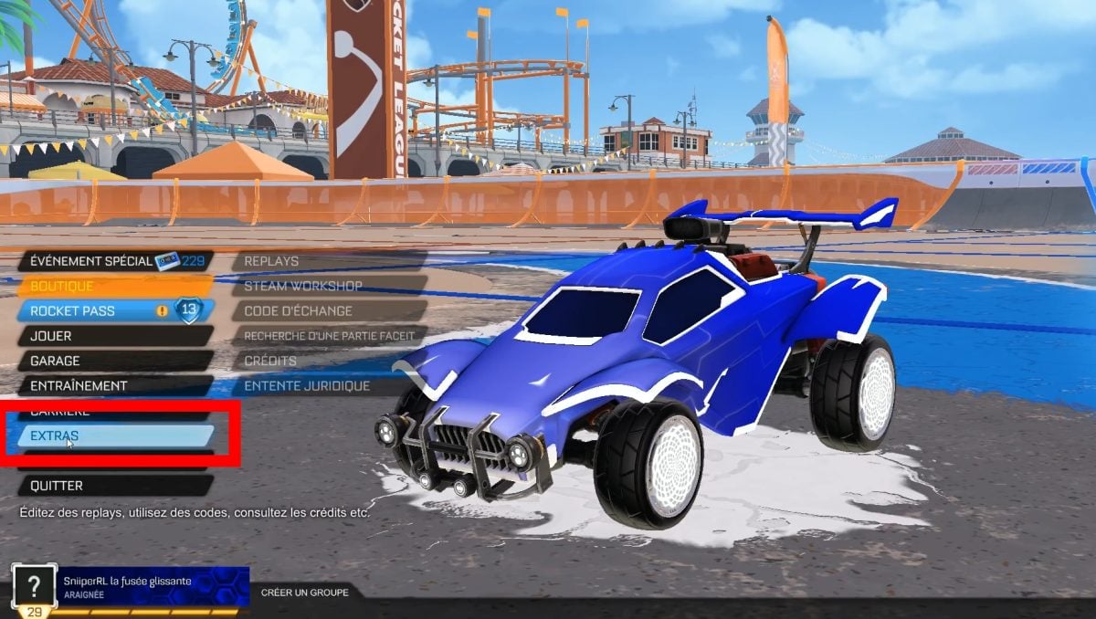 Gehen Sie zum Menü Extra in Rocket League