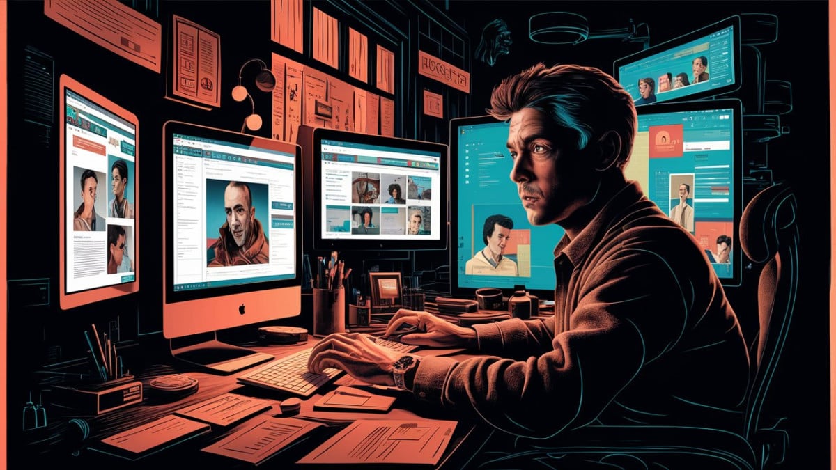 Illustration d'un homme utilisant des sites web et autres services en ligne pour agrandir une image de petite taille