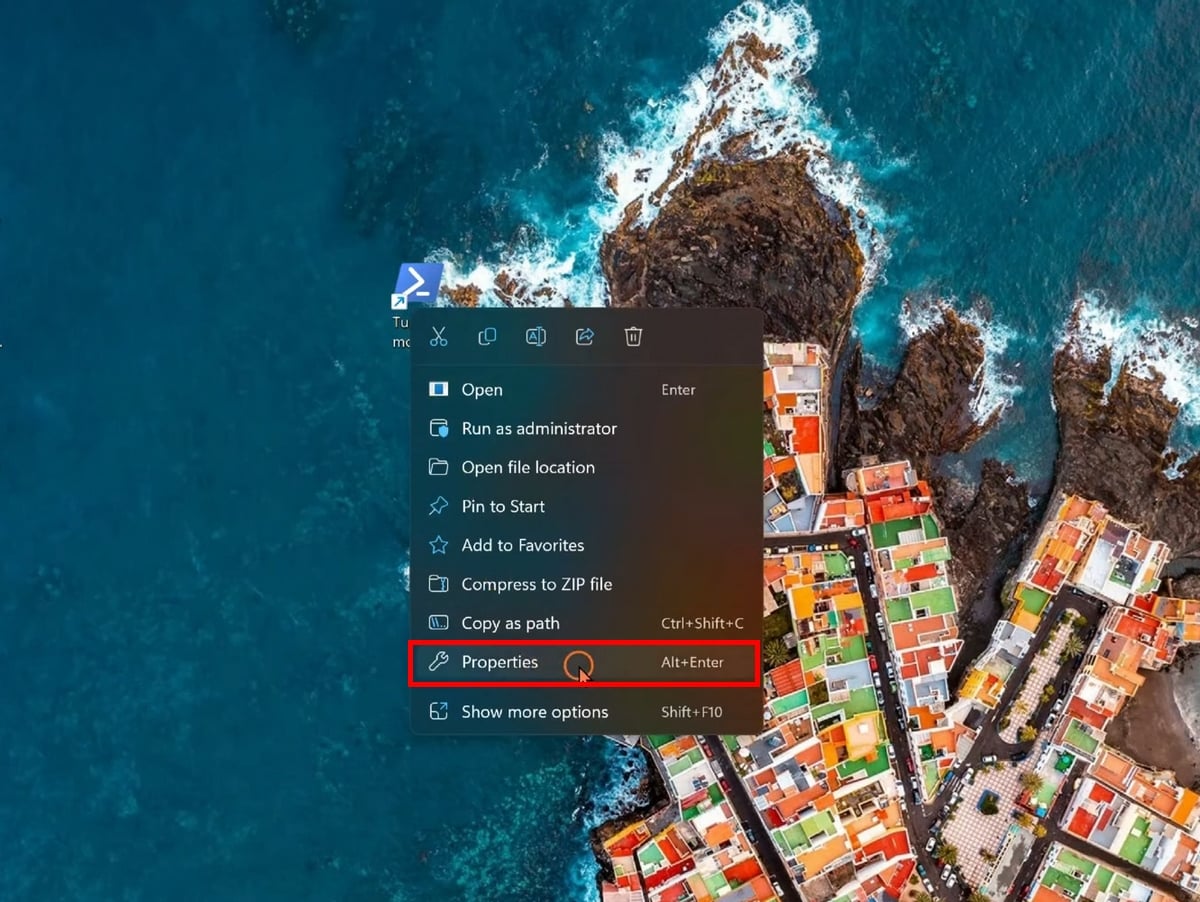 Finestra delle proprietà di una scelta rapida di Windows, con il campo Tasto di scelta rapida per l'assegnazione di una combinazione di tasti.