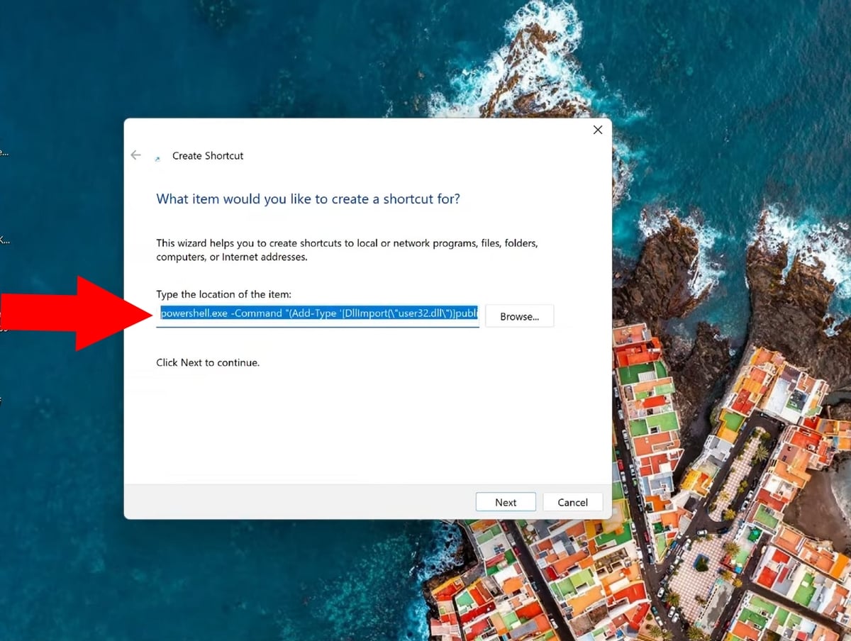 Finestra Creare una scorciatoia di Windows con il comando PowerShell per spegnere lo schermo incollato nel campo della posizione