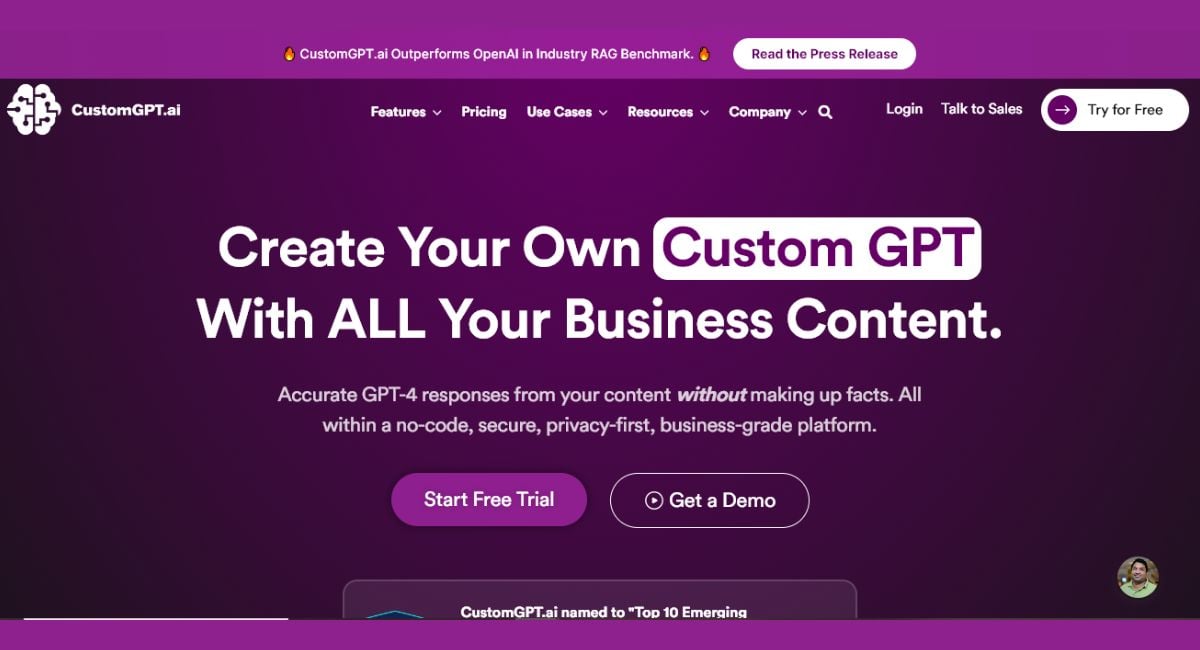 La page d'accueil de CustomGPT.ai.