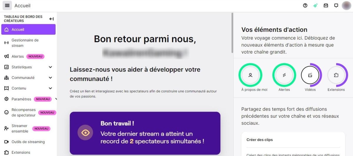 Captura de pantalla del panel de control de Twitch