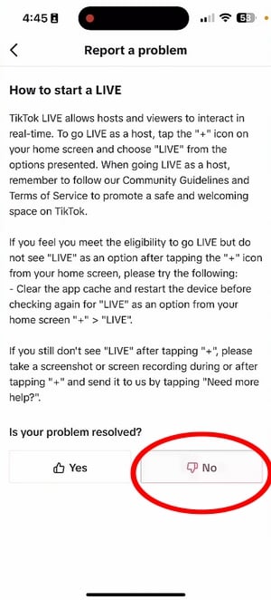I can't start a Live" option in TikTok support