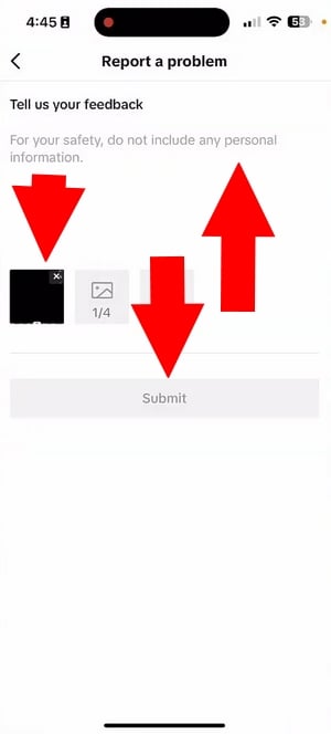 TikTok support submission form with message and screenshot