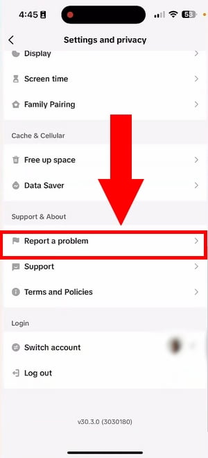 TikTok Support menu - Report a problem option