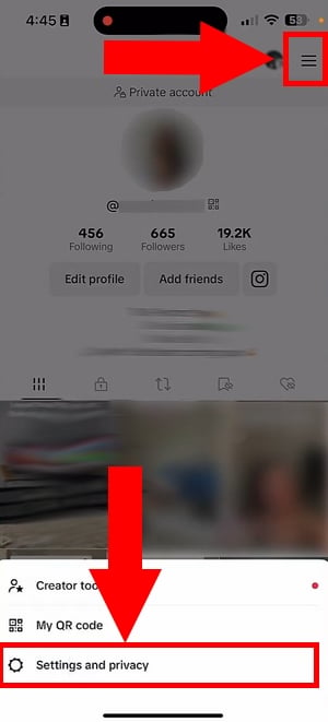 Access TikTok settings via the three lines at top right