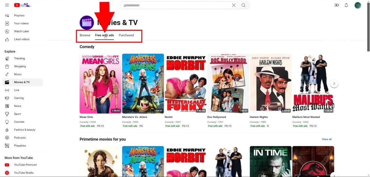Selezione di Free with ads tra le 3 opzioni di YouTube