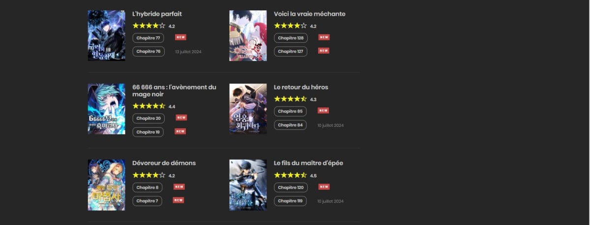 Aperçu de quelques mangas sur le site 