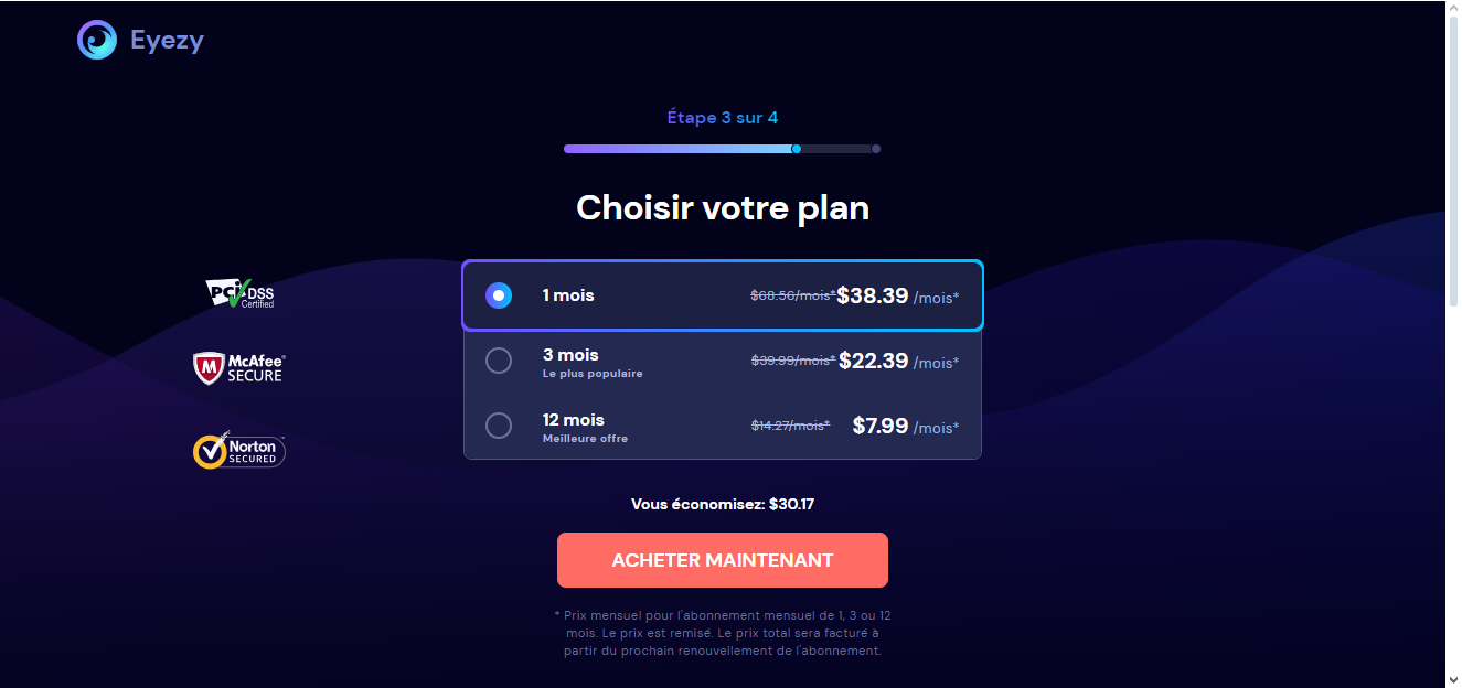 Eyezy offre tre tariffe a seconda della durata dell'abbonamento (1 mese, 3 mesi e 12 mesi). Per questa esercitazione, abbiamo optato per l'abbonamento di 1 mese.