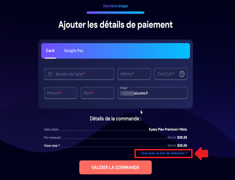 Anche se non avete ancora inserito i dati per il pagamento, potete comunque inserire un buono. Vi consiglio inoltre di farlo prima, in modo da non dimenticare di utilizzare il codice del buono Eyezy in vostro possesso.