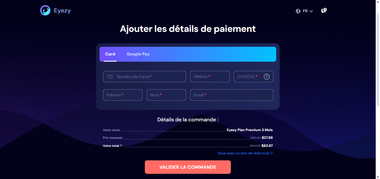 In questo esempio, ho scelto lo sconto 30 % per un abbonamento di 3 mesi. Come si può vedere, il vecchio prezzo è barrato e accanto c'è il nuovo prezzo, e tutto ciò che devo fare è inserire i miei dati di pagamento.