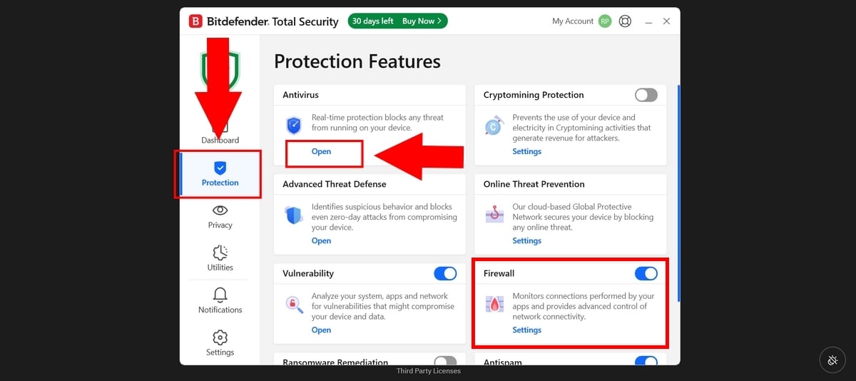 Protection tab then Open in Antivirus and activate the firewall
