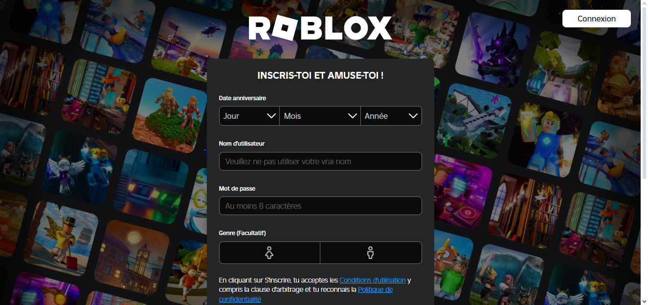 Uma vez no sítio Web oficial, tem a opção de se registar no ROBLOX ou de iniciar sessão através do botão situado no canto superior direito do ecrã.