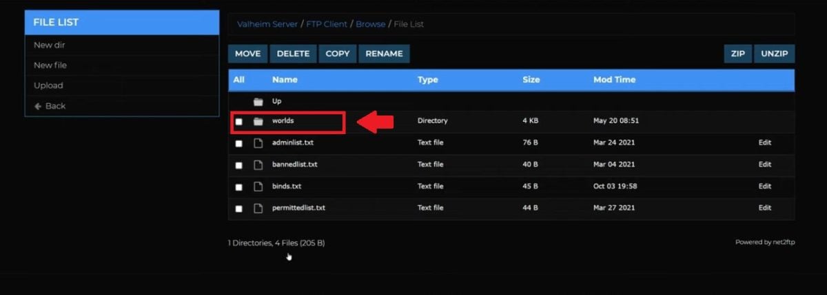 Mappen Worlds på Valheim-serveren