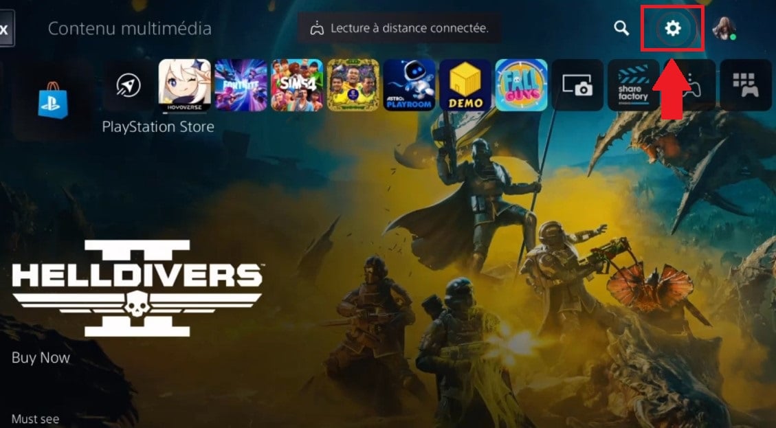 O botão de definições na PS5