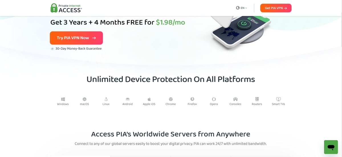 Private Access Internetの公式ウェブサイトから抜粋したスクリーンショットで、対応プラットフォームと現在の価格を示している。