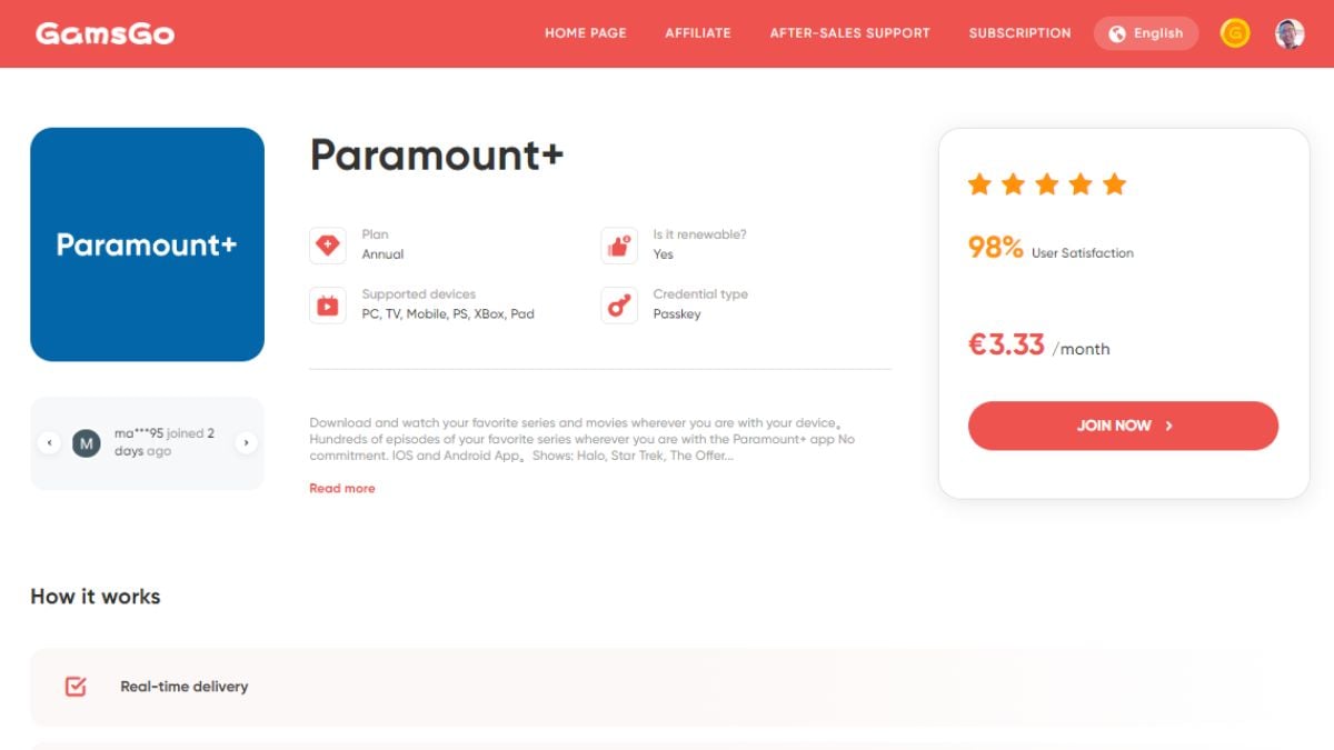 Il punteggio di soddisfazione degli utenti Paramount su GamsGo