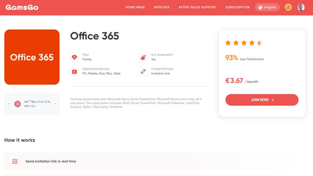 Soddisfazione degli utenti di Office 365 su GamsGo
